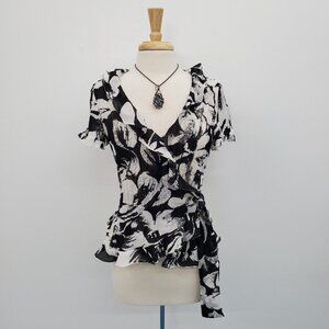 Allison Taylor Womens Floral Ruffle Pleated Wrap Blouse Top Size M Black White